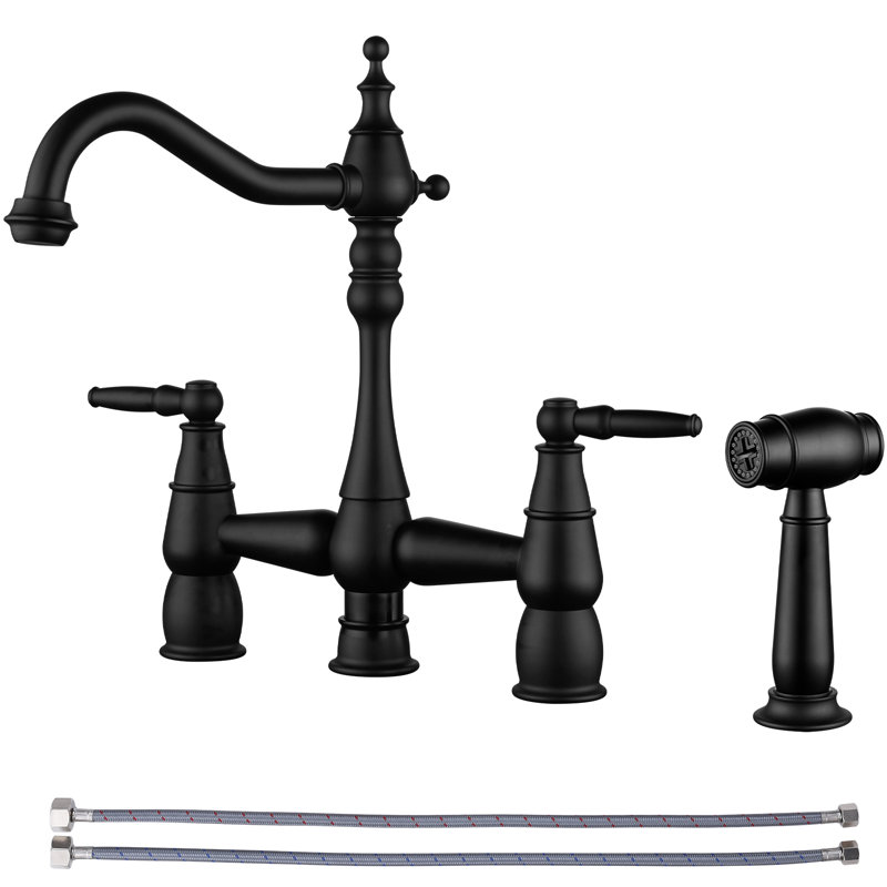 Double Handle Bridge Kitchen Faucet With Faucet-side Sprayer In Matte Black, Matte Black