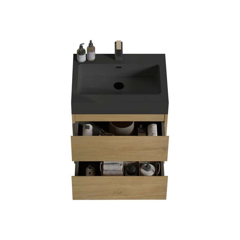 Meuble-lavabo de salle de bain avec lavabo, grand meuble-lavabo mural flottant pour salle de bain moderne, lavabo une pièce noir SANS drain, pré-assemblé