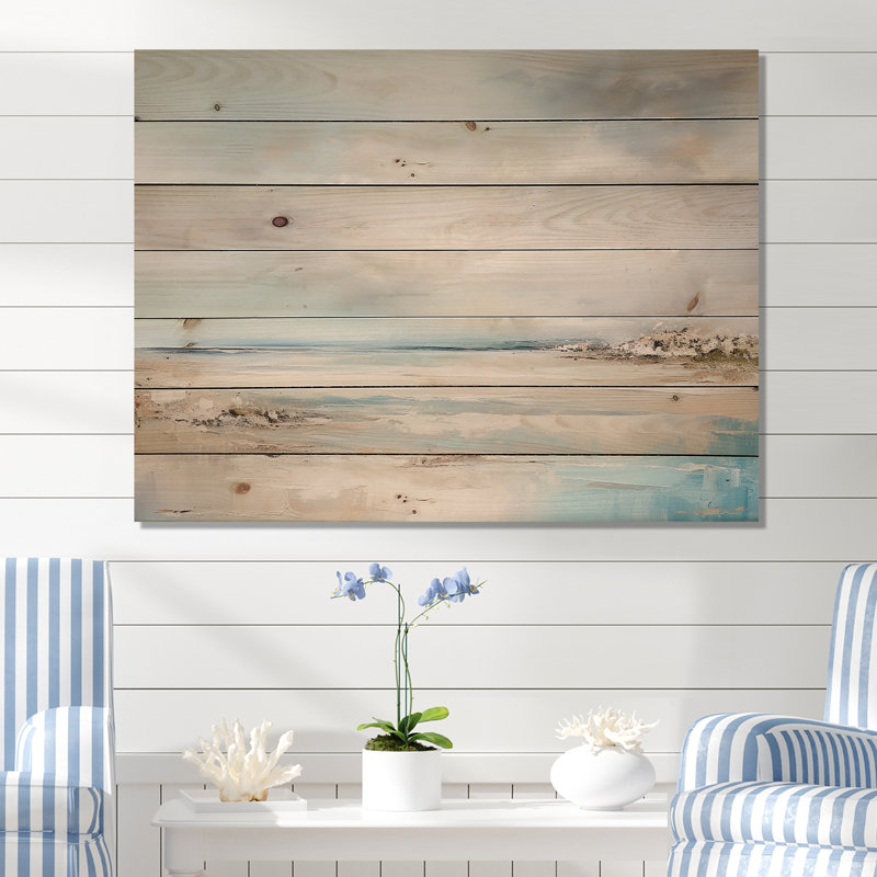 «Beige et bleu», horizon minimal I, plage, bord de mer, bois de pin naturel, H 24 po x l 32 po