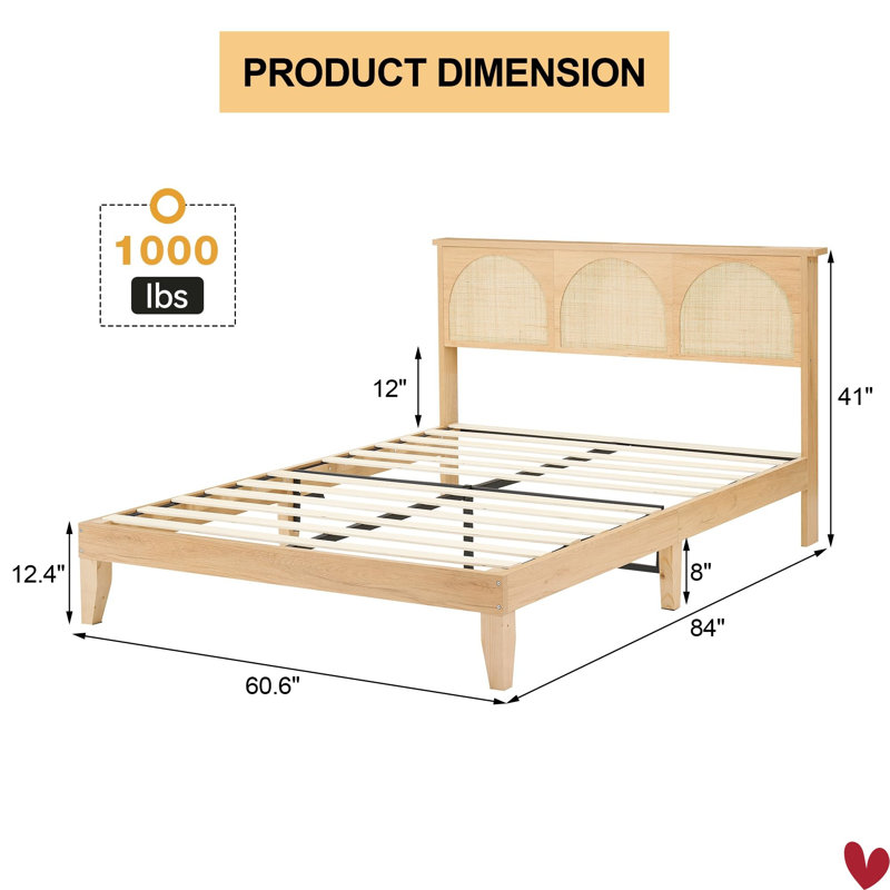 Cadre de grand lit Boho, lit en bois massif avec tête de lit en rotin naturel et lumières, lit plateforme en bois sans sommier