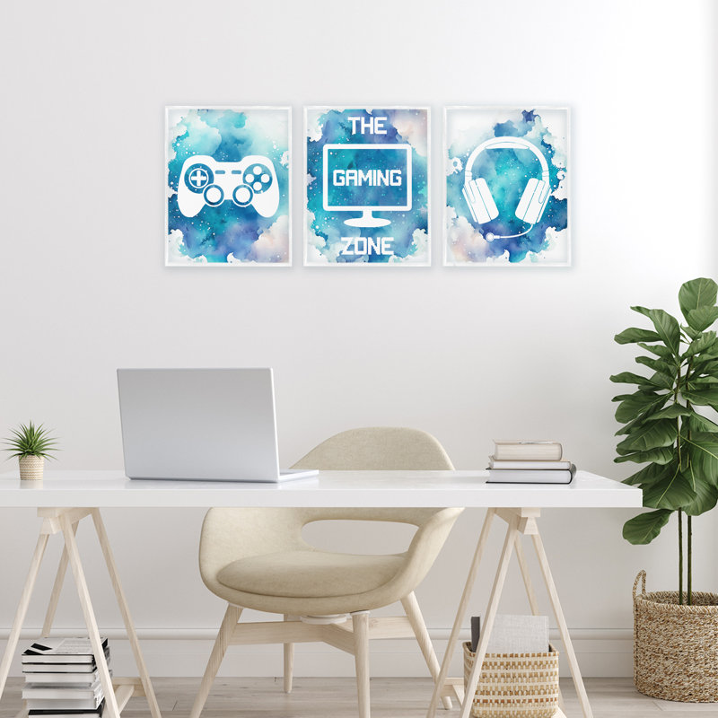 «Blue Gamer Splatters», ensemble de 3 giclées encadrées, design par Marcus Prime, H 14 po x l 11 po