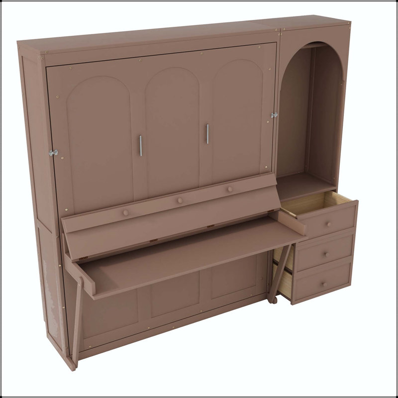 Grand lit escamotable avec bureau, rangement et lumière DEL, Brown