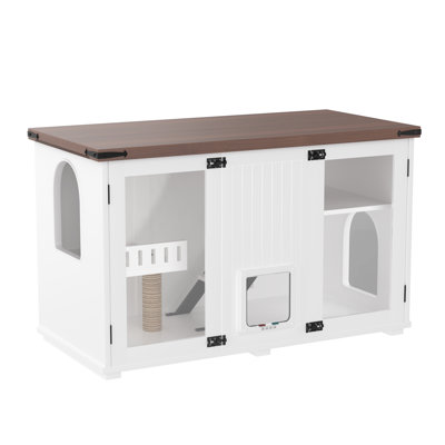 47.25" Cat Litter Box Enclosure With Led Light, Stairs, Scratching Post, Smart Door Cabinet, White