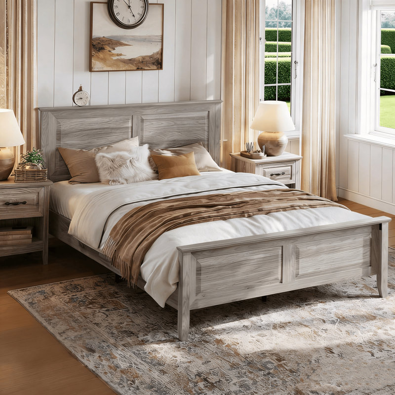 Farmhouse Bed Frame, Bedframe with Headboard and Footboard, Wooden Bed Frame with Solid Wood Slats, Rustic Grey Platform Bed Frames Queen-Size, No Box Spring Needed