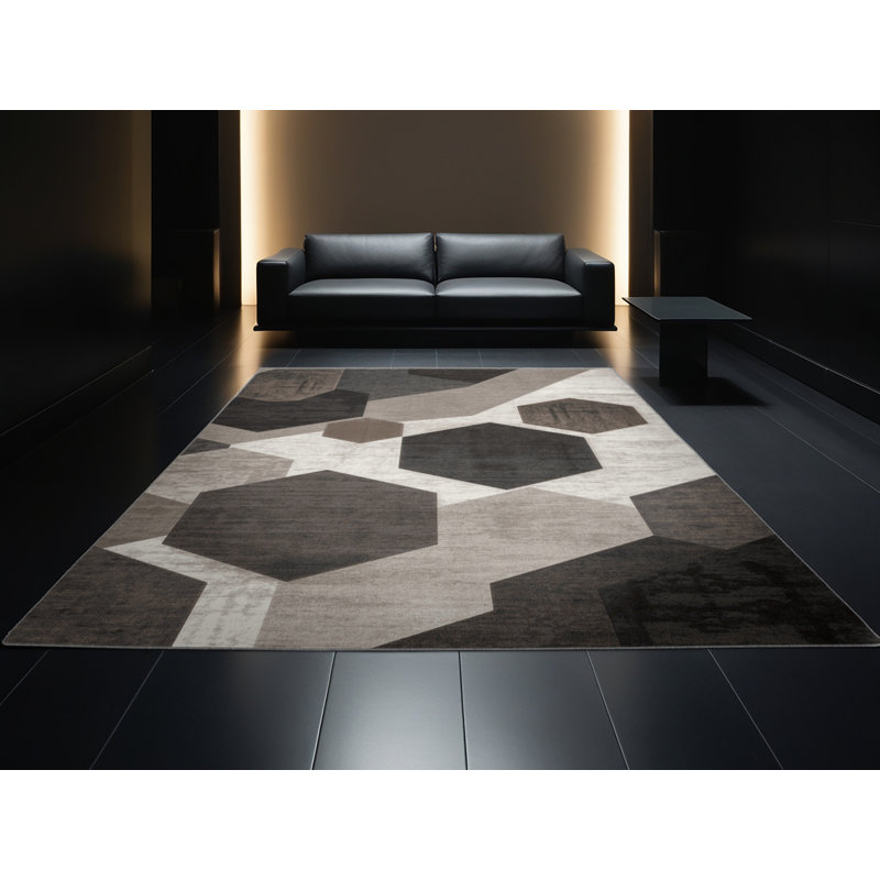 Machine Washable Penola Modern & Contemporary Geometric Shapes Rug in Gray – Gray Binding, 3' Square