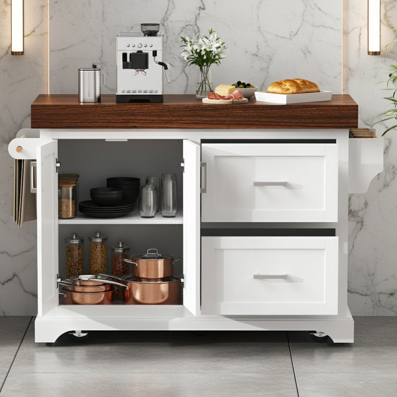 Îlot de cuisine roulant avec supports et 2 très grands tiroirs, Blanc