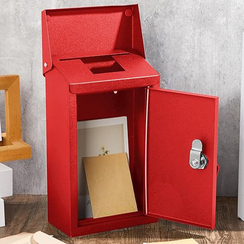 Locking Mailbox Wall Mount Key Drop Mailbox for Outside, Donation Box for Cash Hanging Secure Postbox with 2 Keys (Red)