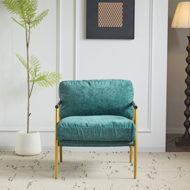Metal Frame 27.56" Modern Accent Chair with Plush Cushions, Teal Blue Faux Leather, Gold
