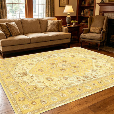 1PC Vintage Persian Warm Yellow Floral Medallion area rugs for Living Room, Soft and Comfortable, Suitable for all seasons, easy-to-maintain, machine washable Indoor floor mat, Under Table Farmhouse suitable for dining table, bedroom, kitchen,