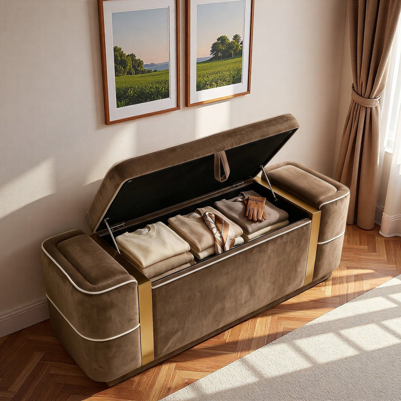 Velvet Upholstered Bench with Flip Top, Brown, Brown