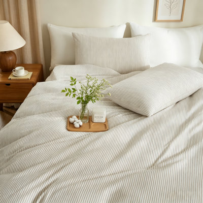 Striped Washed Cotton Duvet Cover 3Pcs Linen Texture Bedding Set