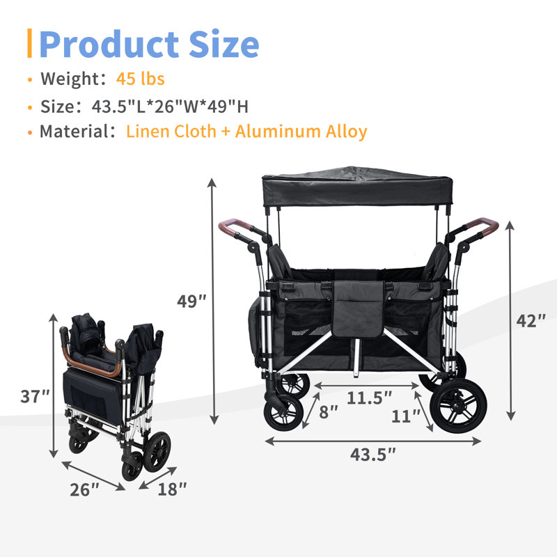 Stroller Wagon For 2 Kids,  Cart Featuring 2 High Seat With 5-point Harnesses And Adjustable Canopy, Foldable Double Push Bar For Garden