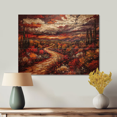 Rouge rouge, désert mexicain Blooms II - paysage mondial, art mural en bois sur bois de pin naturel