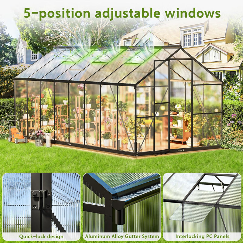 Greenhouses For Outdoors, Quick Assembly Polycarbonate Green House With Uv Protection, Heavy Duty Windproof Aluminum Frame, Adjustable Roof Vent For Backyard Or Outdoor Garden Use