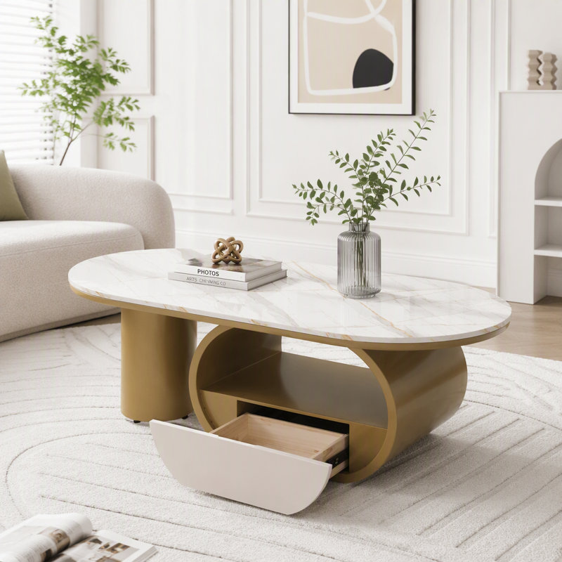 Table basse ovale moderne de luxe avec tiroir de rangement, Doré / Blanc