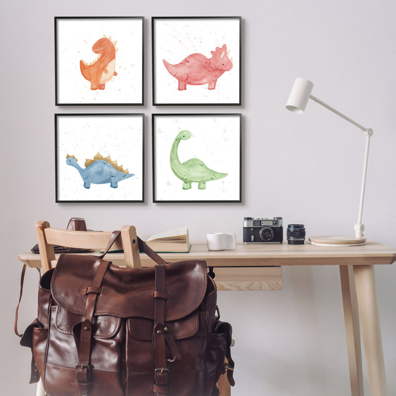 «Fun Nursery Dinosaurs Animals» par Lucille Price - ensemble de 4 impressions, Giclée encadrée noir minuit
