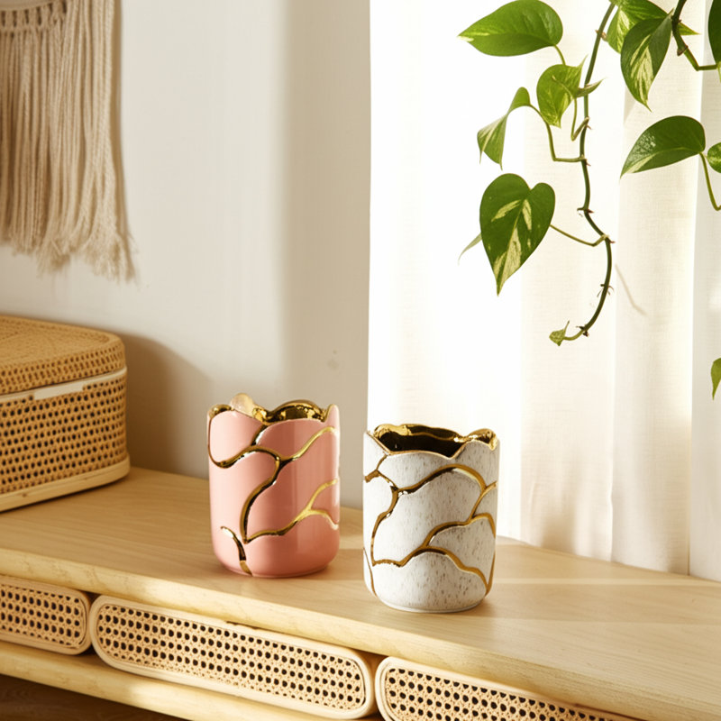 Storage Containers Ceramic And Stoneware Textured Boho Design Decorative Use Set Of 2 - 5" Ivory, Pink, Gold