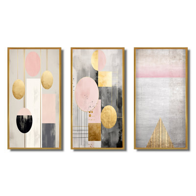" Full Moon Bloom Retro Geometry Pink Gold VIII " 3 Piece Art Set