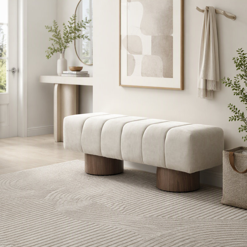 Chenille Upholstered Bench, Beige