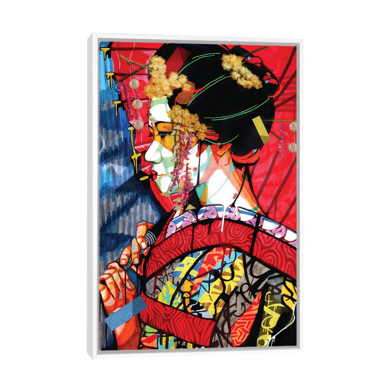 American Geisha - impression d'art graphique, H 26 po x l 40 po x 1,5 po, Toile blanche encadrée, Pas de tapis