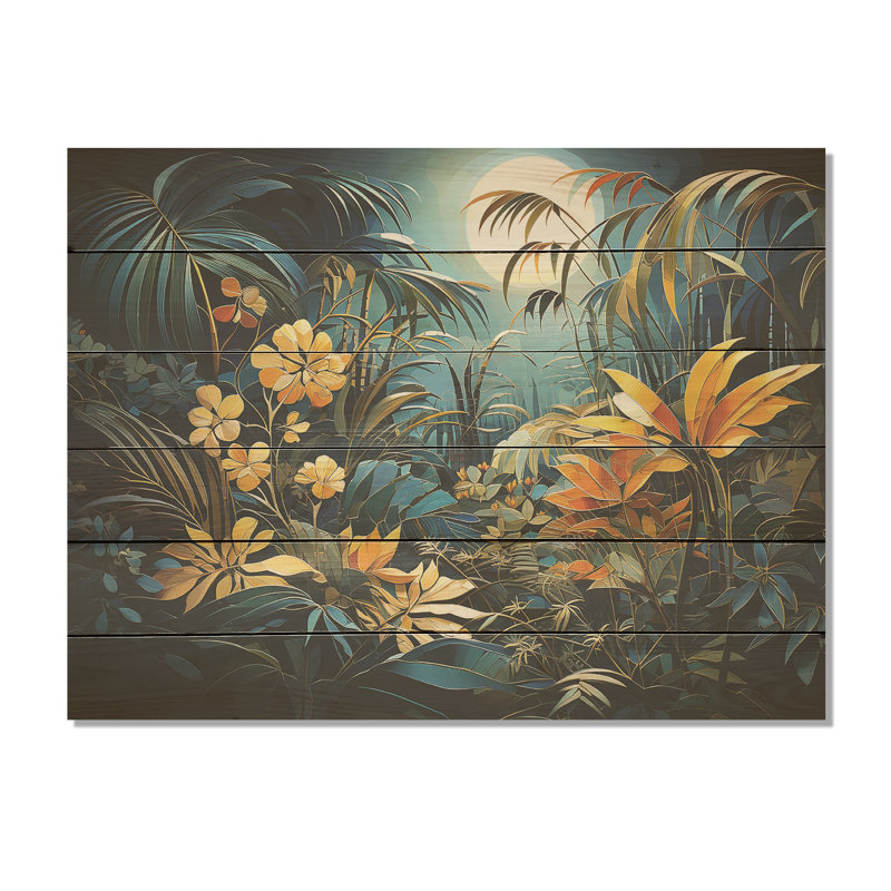 Fantasy Jungle Plants Under Moonlight I - Art sur bois de pin naturel, H 30 po x l 40 po