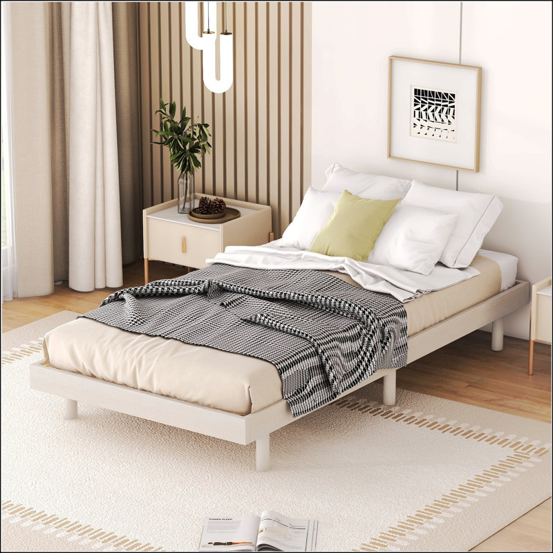 Modern Design Twin Size Floating Platform Bed Frame, Twin, White Washed