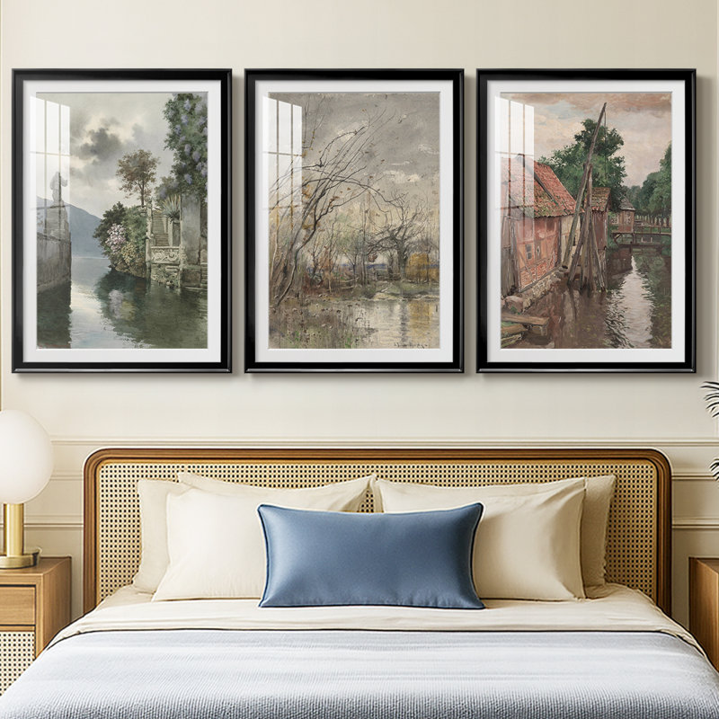 «Vintage Landscape CXV III», reproduction sur mesure encadrée de qualité supérieure - 3 pièces, H 19 po x l 27 po, Noir