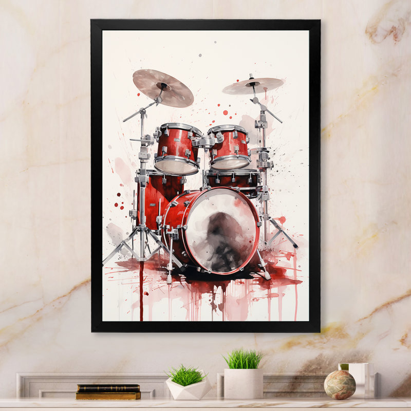 «Music Drums Pulse Deep Red III» sur toile, H 32 po x l 16 po x P 1 po, Cadre simple noir