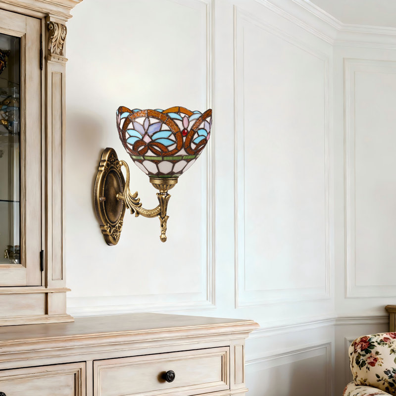 1- Light Stained Glass Wall Sconce Antique Baroque Tiffany-Style Vanity Light For Hallway & Bedroom