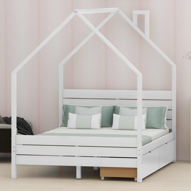 Structure de lit Montessori House pour enfants avec tiroirs de rangement et tête de lit, assemblage facile, White, Full