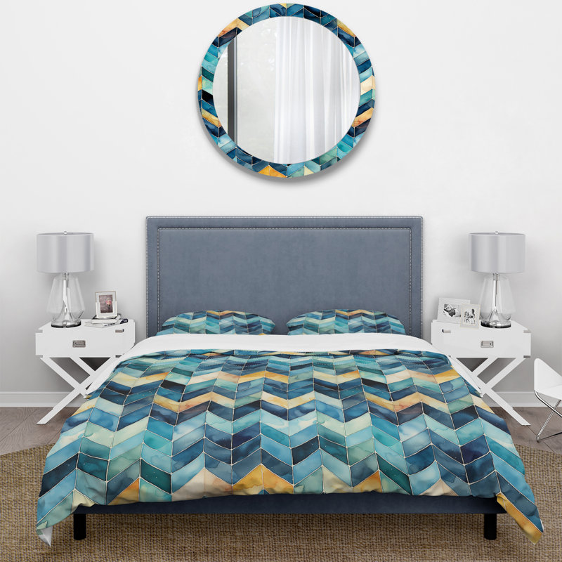 Literie à motif de chevrons bleu Watercolor Delight, Housse de couette pour très grand lit et 2 très
