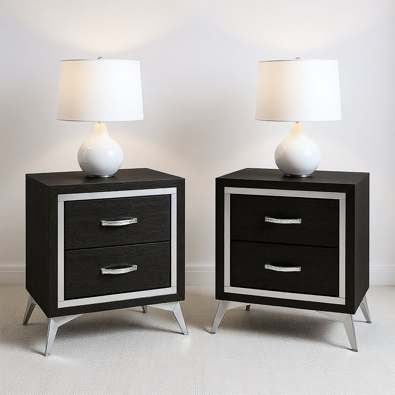 Huxley Wood Nightstand (Set Of 2), Black, Black/Silver
