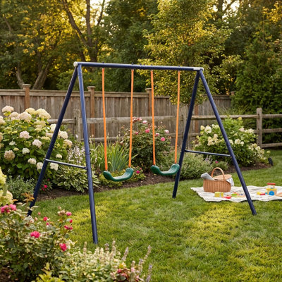 2 Station Swing Set With Durable Steel Frame, Outdoor Backyard Play