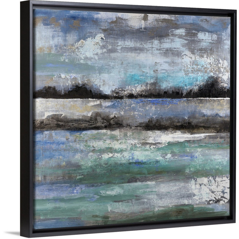 « lake ile », peinture sur toile, H 25,7 po x l 25,7 po x P 1,75 po, Cadre flottant noir