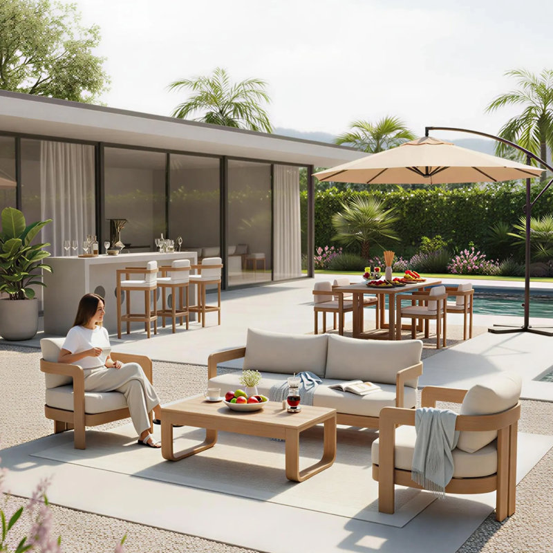 Assembly Free Sofa, Bar Stool, Dining Chairs,Quick Assembly Coffee Table,Outdoor Aluminum Conversation Set, 9 Person Outdoor Conversation Set, Wood Grain Veneer Set for Patio（Set of 8）