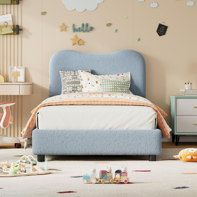 Cadre de lit simple / double / grand pour enfants avec tête de lit tapissier en velours, joli lit plateforme à profil bas pour filles et garçons