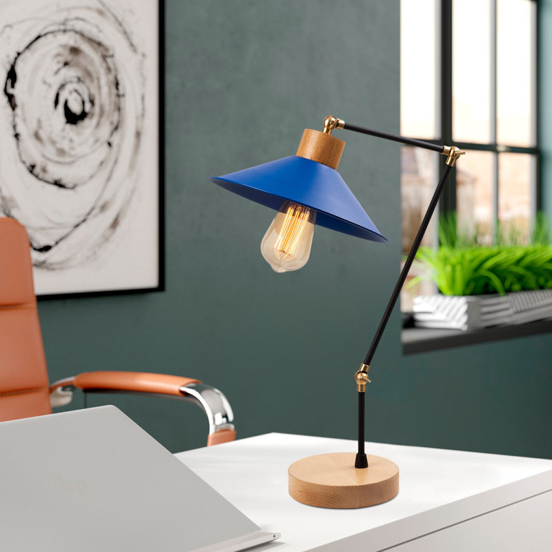 Lampe de table moderne bleue avec corps en métal et base en bois, 9,4 po de diamètre x 20,5 po de hauteur | Douille E27, 40 W maximum, câble de 6,0 pi, indice de protection IP20 | Éclairage élégant pour le salon, la chambre à coucher et le bureau