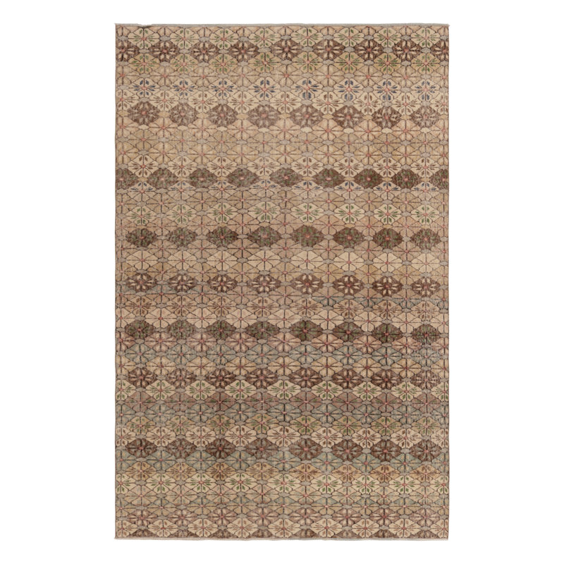 Vintage Turkish Rug, Beige-Brown And Blue Geometric Floral Pattern - Rug & Kilim