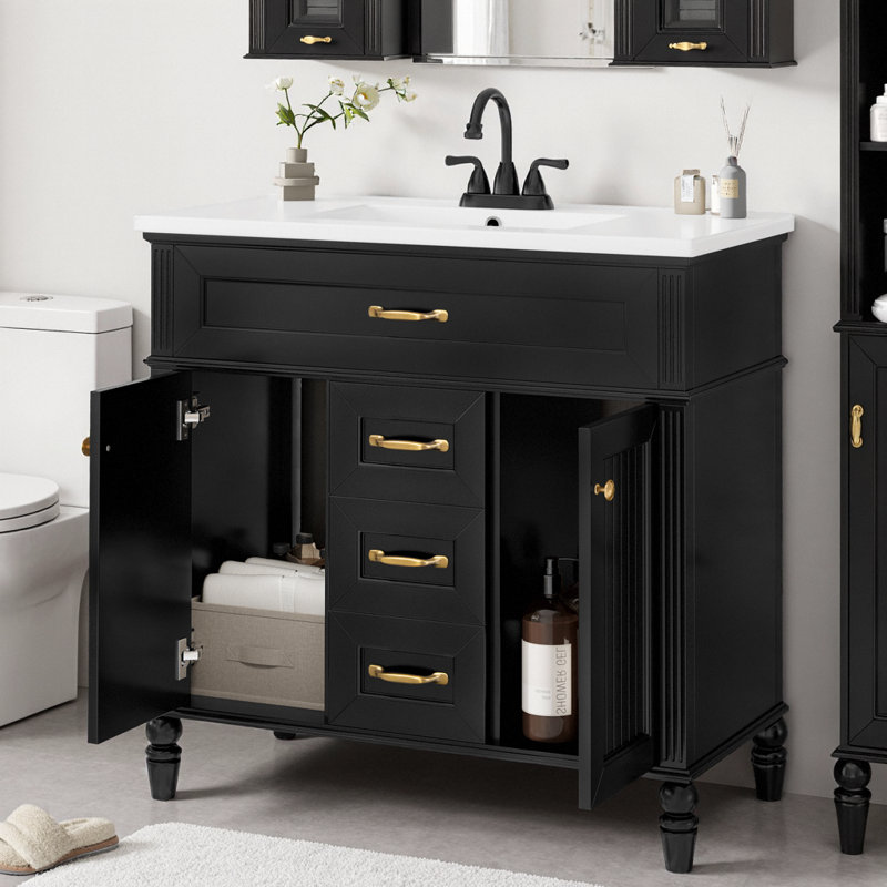 Meuble-lavabo noir 36 po avec lavabo en céramique, portes à fermeture douce et poignées dorées, armoire de rangement moderne autoportante
