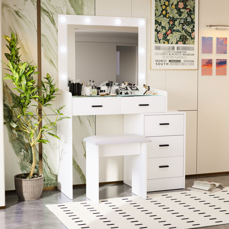Coiffeuse moderne avec rangement de tiroir spacieux et espace de maquillage éclairé à DEL blanc mat