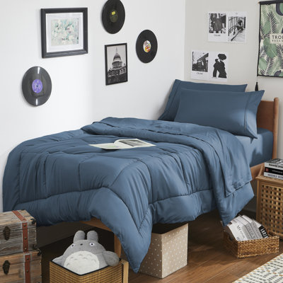 7PC Campus Ready Dorm Twin XL Bedding Bundle, Solid Comforter, Pillows And Sheet Set