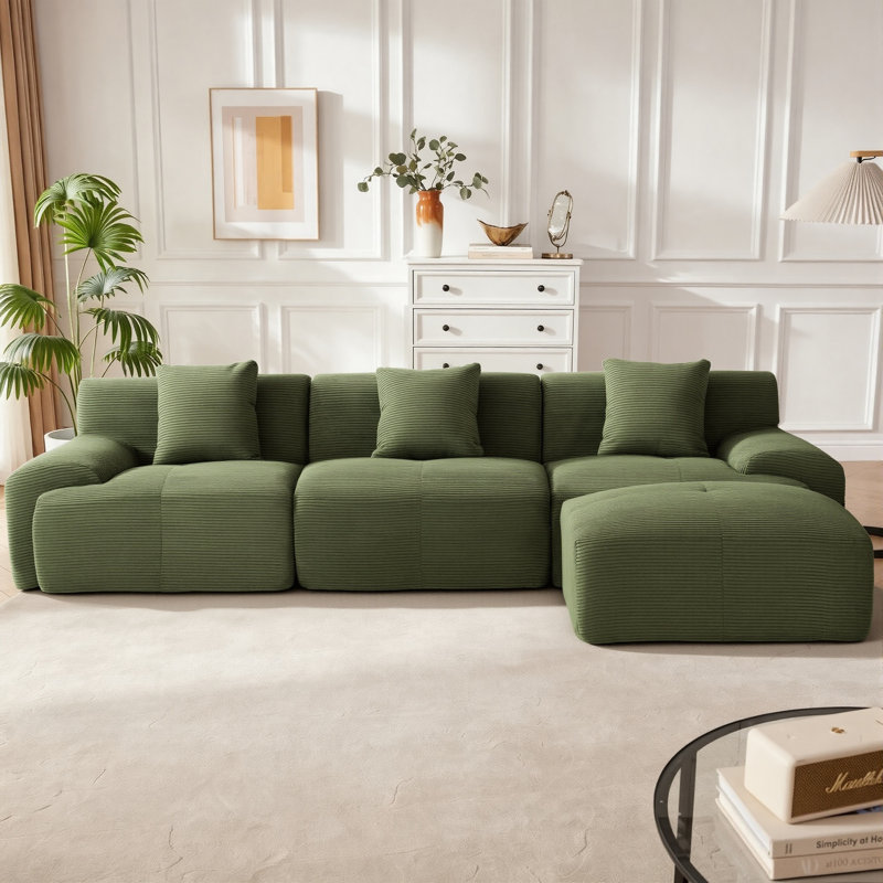 Canapé-lit modulaire convertible en velours côtelé 107 po avec repose-pieds 107 po Modern, 107" W, Vert