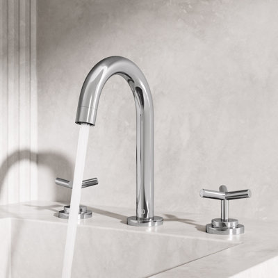 Jewel Widespread 3-Hole Bathroom Faucet, 2-Handle High Arc With Cross Knob Handles In Chrome