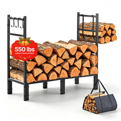 Râtelier à bûches de 83 cm (32,68 pouces) pour intérieur, robuste et résistant, support de rangement pour bûches de foyer, terrasse ou patio, capacité de charge de 250 kg (550 lb), empileur avec sac de transport pour bûches, outil de rangement en métal noir.