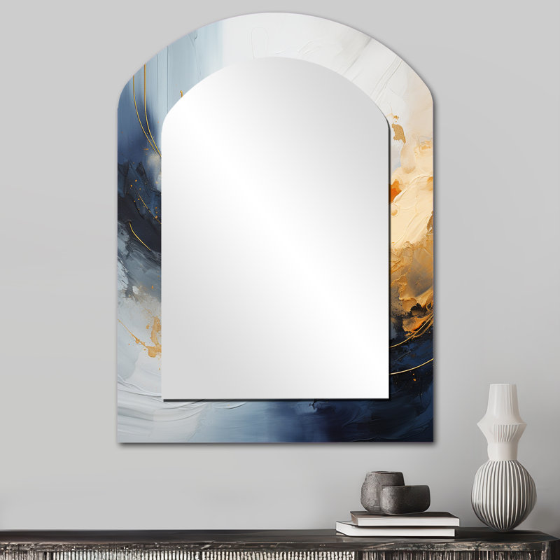 Blue And Yellow Marble Storm VII - Large Arched Wall Mirror On Metal, 34" x 25"