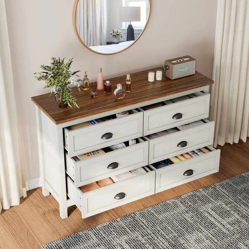 Sinta 6 Drawer Dresser, Wood Double Dresser with Black Handles for Bedroom, Living Room, Hallway, White