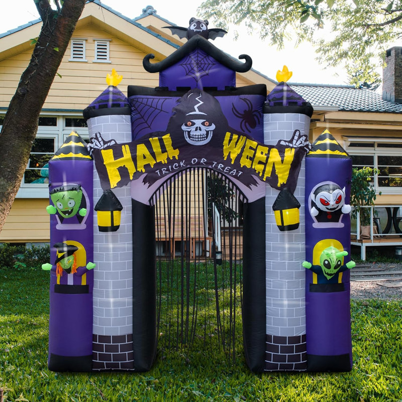 Arche de château gonflable d'Halloween 11,5 pi avec lumières DEL et décoration de jardin hanté pour l'extérieur