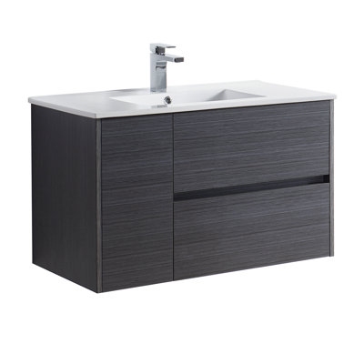Blossom 36'' Floating Bathroom Vanity with Ceramic Sink – All-Wood Single Vanity with 2 Soft-Close U-Shaped Drawers