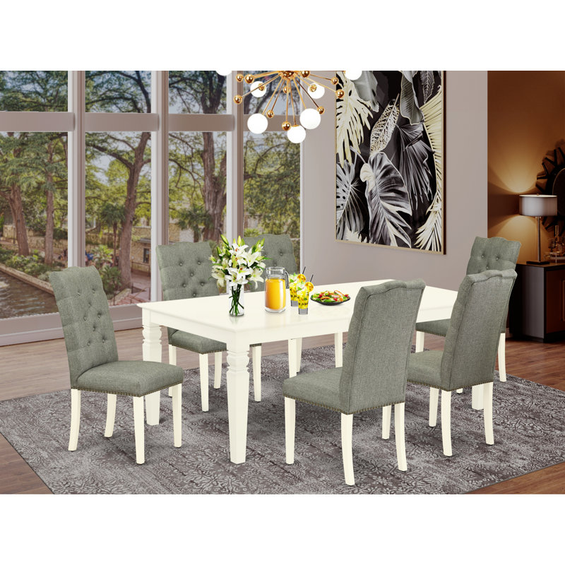 7 Piece Dining Table Set Consist of a Rectangle Dinner Table with Butterfly Leaf and 6 Gray Linen Fabric Parson Dining Chairs,  Linen White