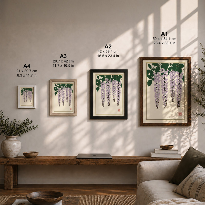 Cascading Wisteria Japandi - Framed Print, Black, A4 - 29.7 x 21.0 cm